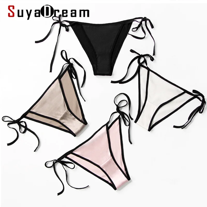 

SuyaDream Women Low Waist Sexy Silk G string 88%Silk 12%Spandex Silk Satin Tie waist Thong