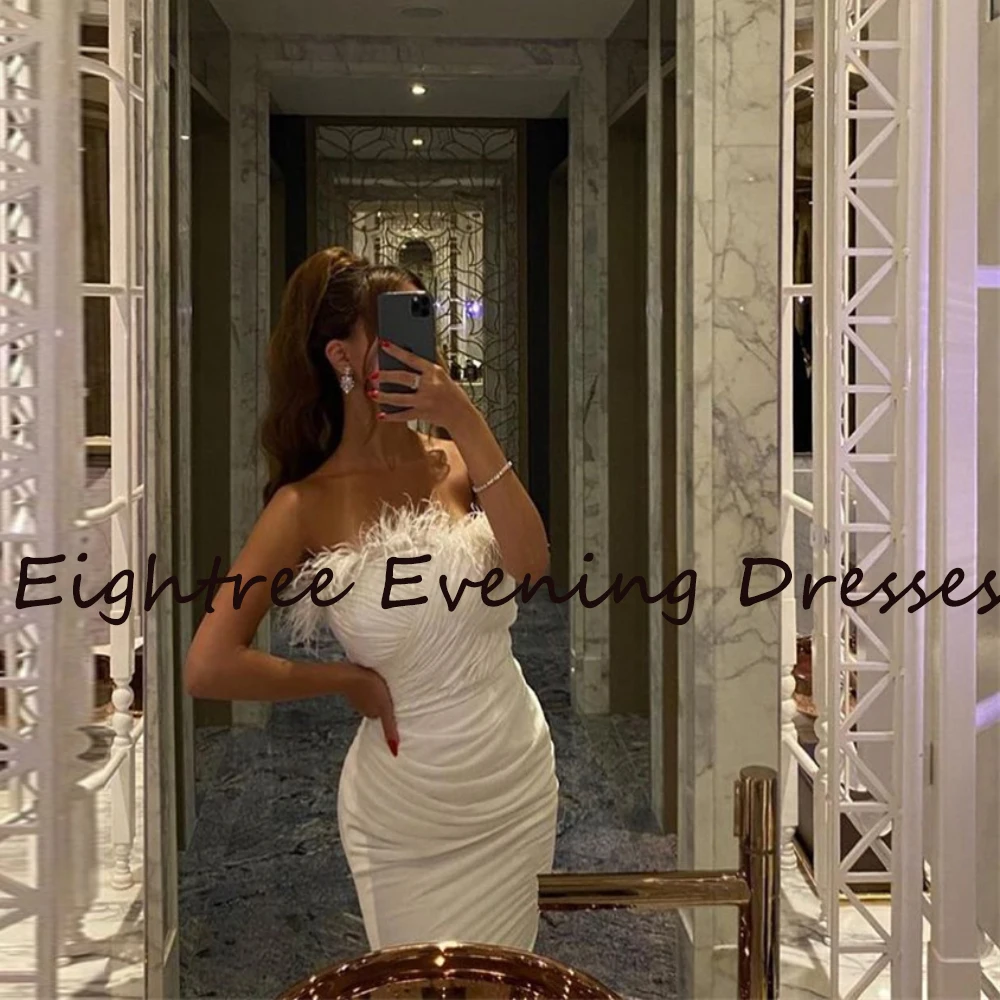 

Eightree White Sexy Short Mini Prom Dresses Evening Party Gowns With Feather Strapless Sleeveless Night Dress Vestidos de festa