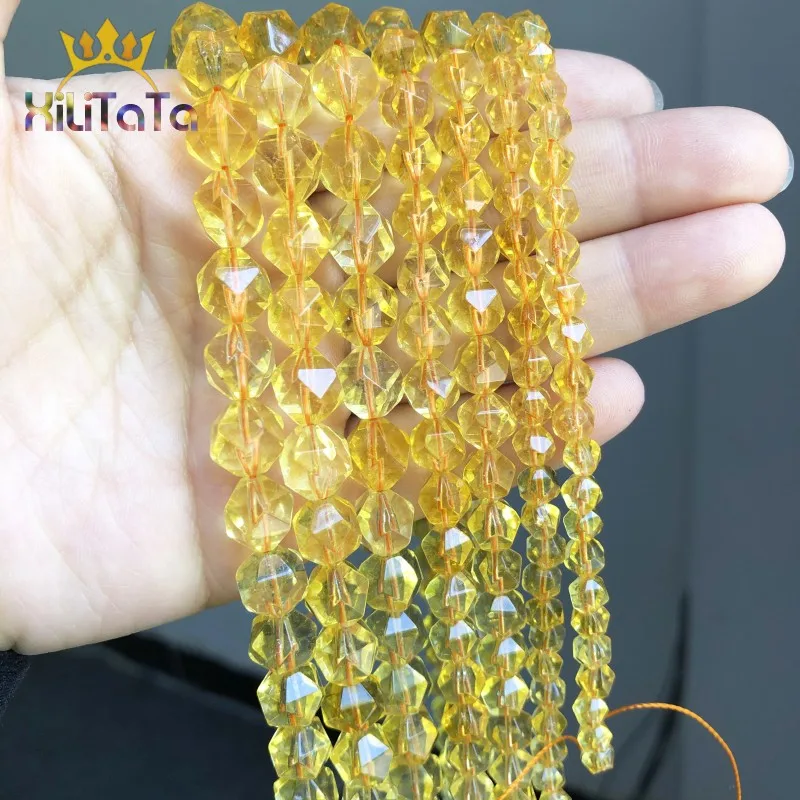 Natural Faceted Stone Beads Yellow Quartz Citrines Loose Beads For DIY Jewelry Making Bracelet Accessories 15\'\' 6/8/10/12mm