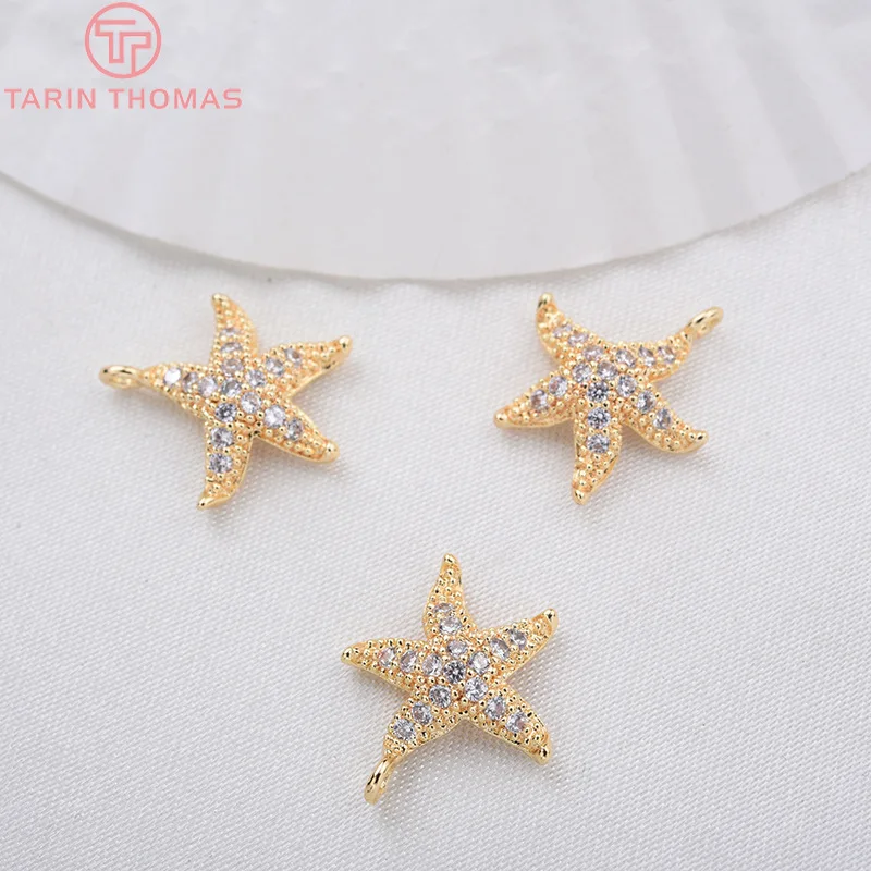 (1424) 4PCS 14x13MM 24K Gold Color Brass and Zircon Starfish Charms Pendants High Quality Diy Jewelry Findings Accessorie