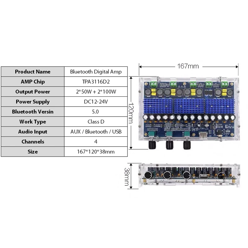 2*50W + 2*100W TPA3116D2 Bluetooth 5.0 Digital Amplifier Board Subwoofer 4 Channels TPA3116 Class D AMP