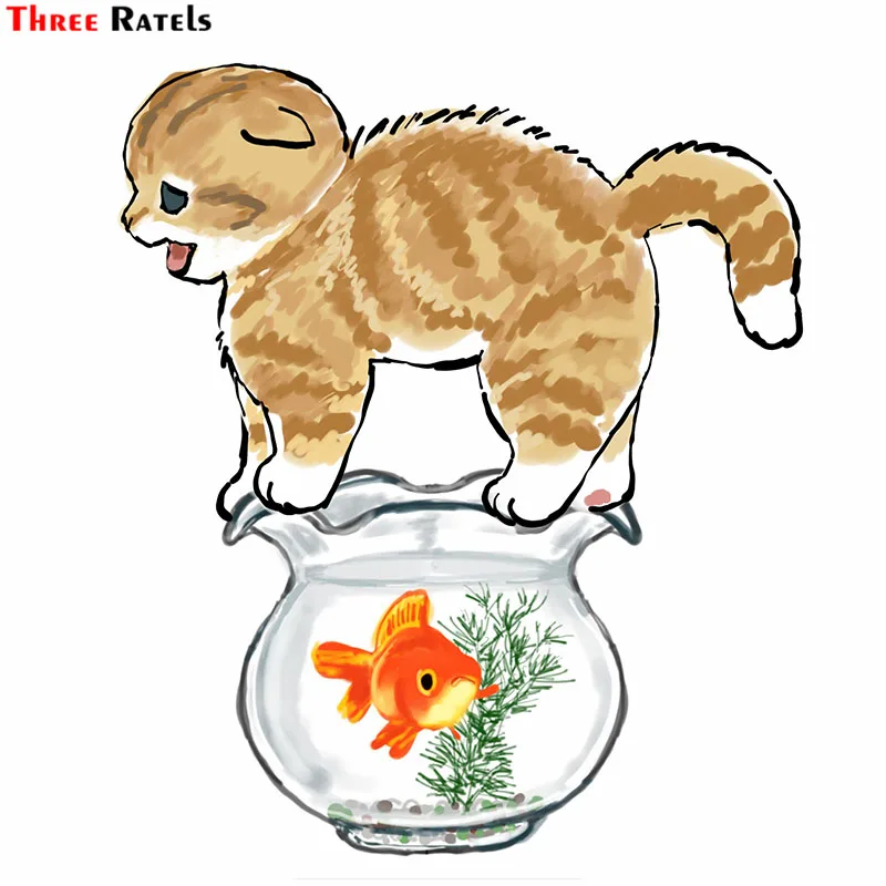 Three Ratels F266 Kitty Cats Catches Fish Sticker For Laptop Car Motorcycle Skateboard Fridge Luggage Backpack Phone Bike Decal