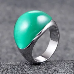 Big Green Opal Cat's Eyes Gemstones Rings for Men Women Stainless Steel Unique Fashion Bands Accessories Sizes 7,8,9,10,11,12