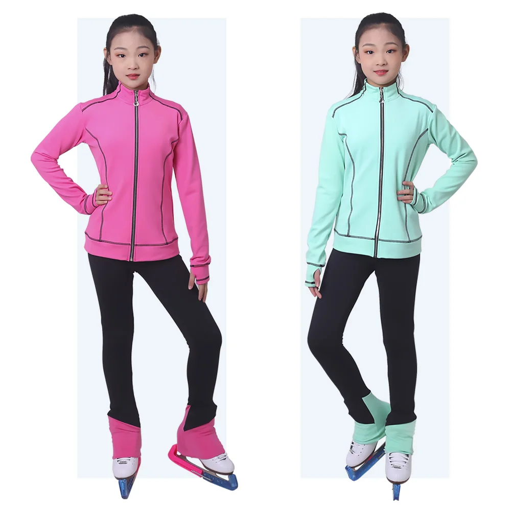 Customized Figure Skating Suits Jacket and Pants Long Trousers for Girl Women Training Ice Skating Warm black pink Mesh sleeve