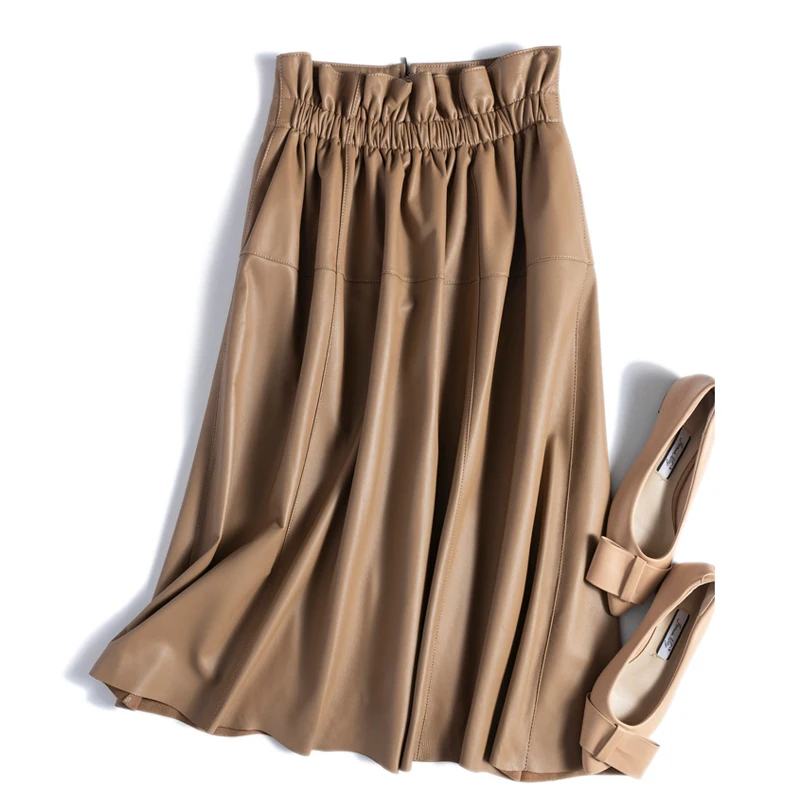 New Spring Women Clothing England Fashion OL Fungus Elastic Waist Umbrella Pleated Skirt Mid-Calf Femme Chic Beige Fold Faldas