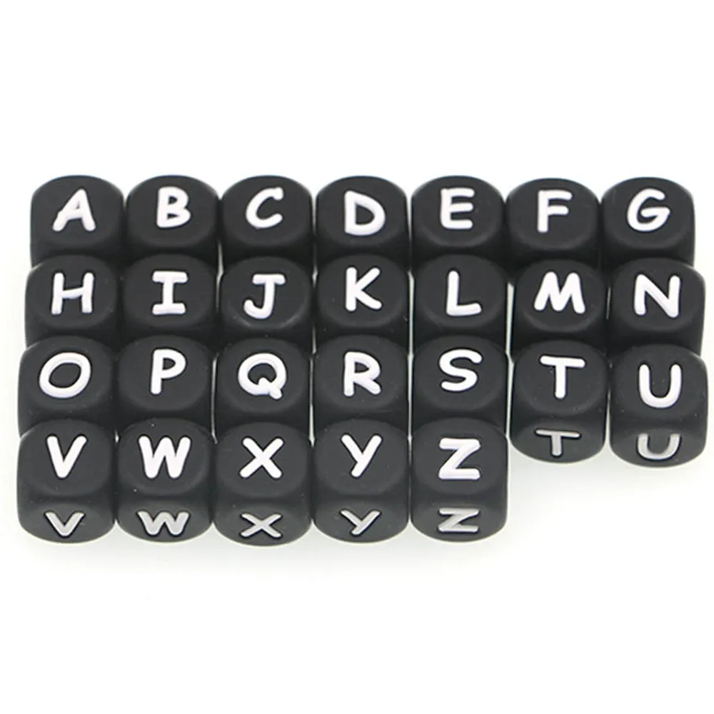 10pcs 12mm Black Square Alphabet Letter Silicone Beads For Jewelry Necklace Pacifier Chain Making DIY Accessories