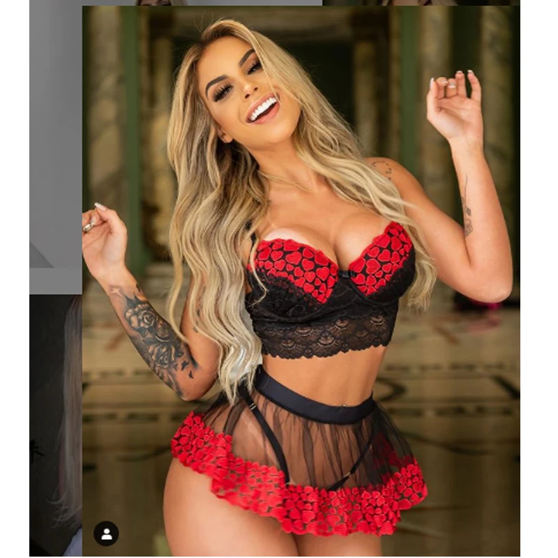 Sexy Lingerie Women Sleeveless Lace Mesh Peach Heart Print Crop Top Erotic Mini Skirt Suits Sex Costume Sets