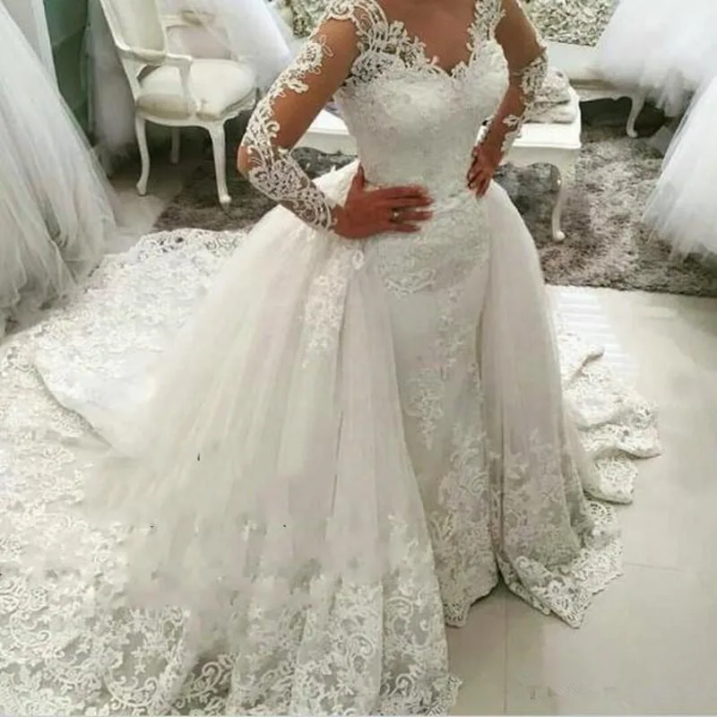 Detachable Train Lace Wedding Dresses 2020 Sheer Long Sleeves Fluffy Ball Gown Lace Appliques V Neck Vestido De Noiva bridal