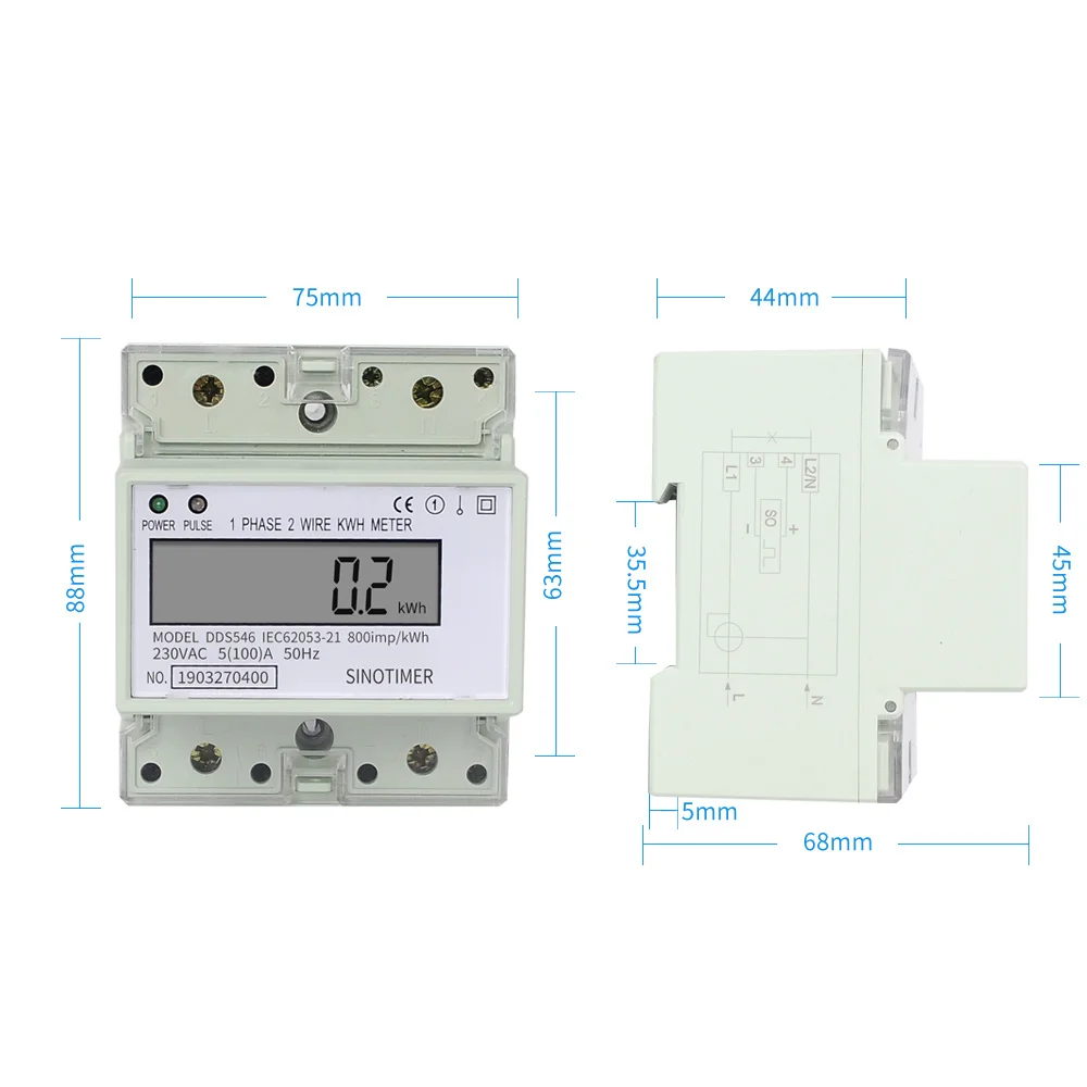 LCD Digital Single Phase AC 220V 230V 100A kWh Meter Energy Electricity Power Consumption Wattmeter Monitors Household Din Rail