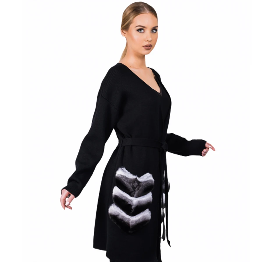 Women Fur Cardigan Cashmere Sweater Knee-Length Coat With Rex Rabbit Fur Trim Pockets