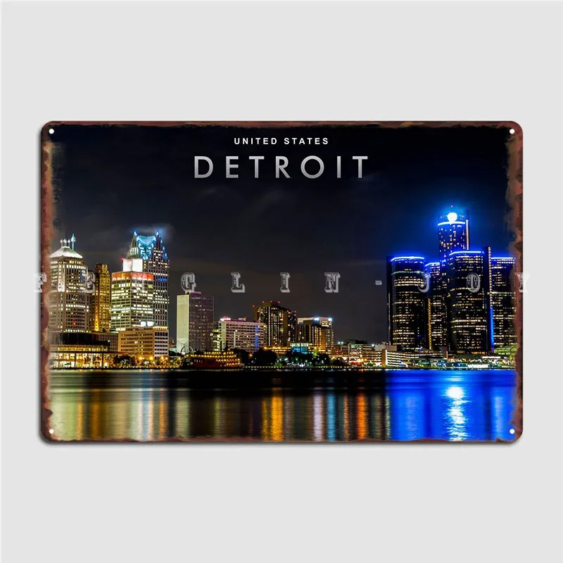 Detroit Night View Metal Sign Wall Mural Wall Decor Home Printing Tin Sign Poster