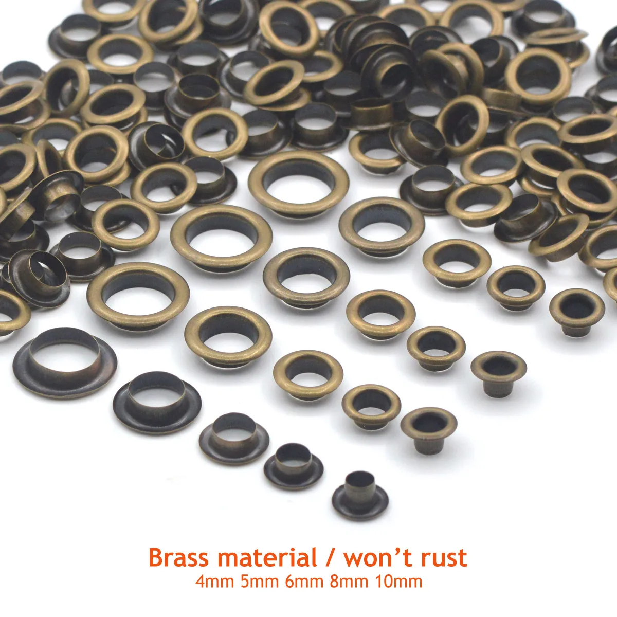 

KALASO 100sets Bronze Color Pure Brass Material 4mm/5mm/6mm/8mm/10mm Grommet Eyelet With Washer Fit Leather Craft Shoes Belt Cap