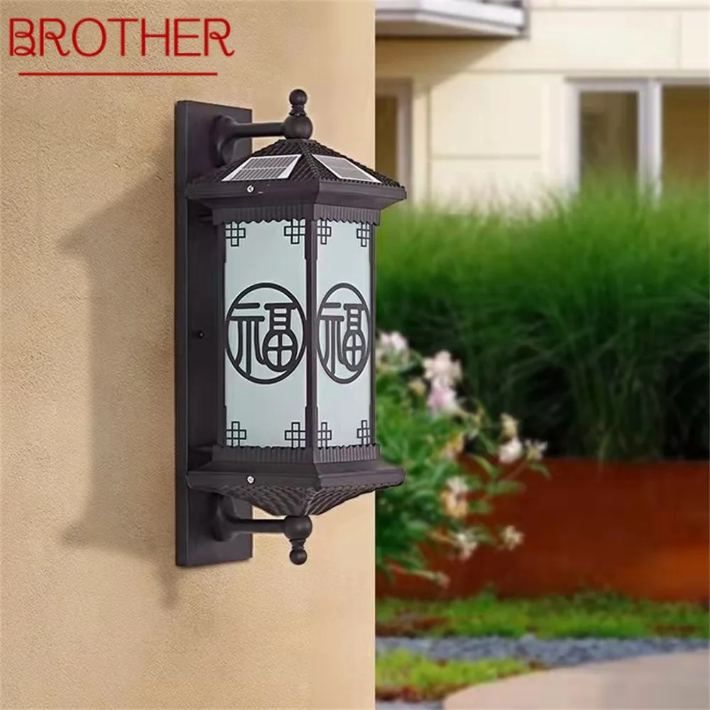 BROTHER Outdoor Solar Wall Sconces Light LED Chinese Style Waterproof Vintage Lamp for Home Balcony Decoration