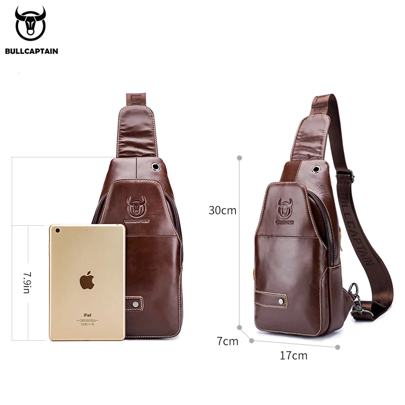 BULLCAPTAIN bolso de pecho de cuero genuino para hombres paquete de pecho de gran capacidad puede acomodar bolsos de pecho de negocios iPai de 7,9