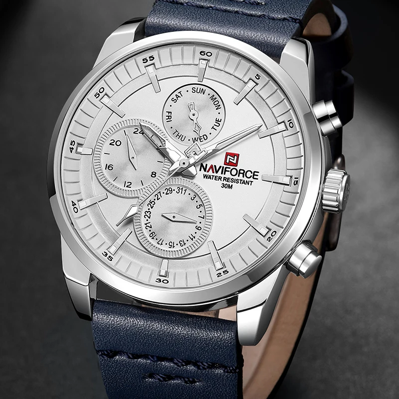 NAVIFORCE-relojes deportivos de lujo para hombre, pulsera de cuarzo informal con correa de cuero, resistente al agua, Masculino