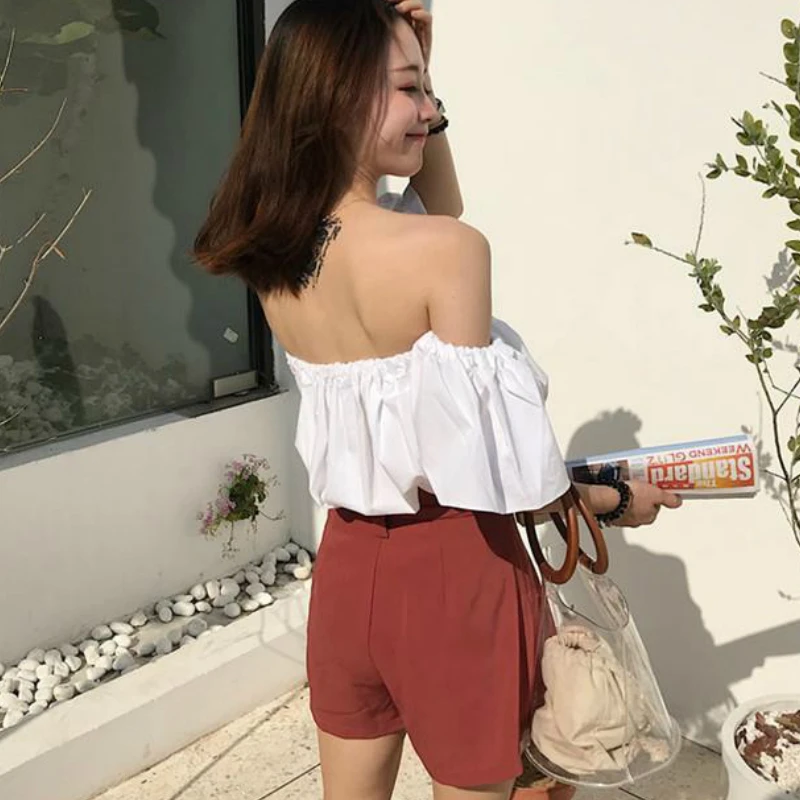 T-shirts Womens Summer Slash Neck Off Shoulder Solid Sexy Chic Loose All-match Crop Tops Elastic Girlish Fairy  White New