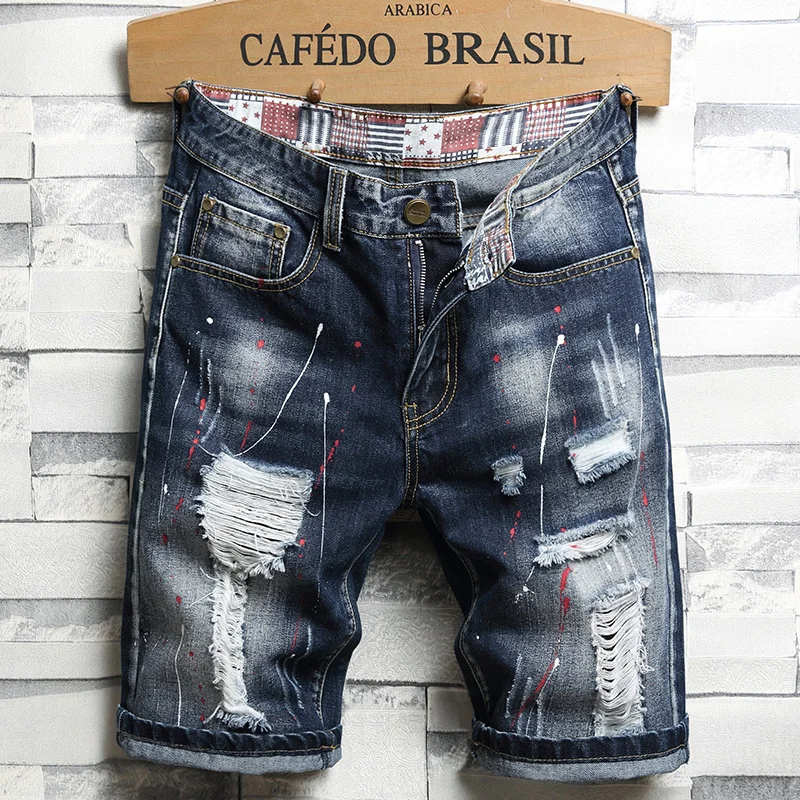 2024 New Spring Summer Men\'s Denim Shorts Men\'s Clothing Beach Ripped Jeans Denim Cotton Short Casual Business Social Men Shorts