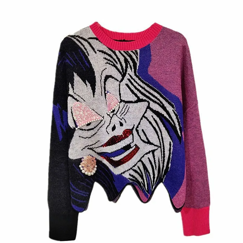 Super Top Fashion Loose Women Sweaters and Pullovers Cartoon Witch Sequins Wavy Edges Jumper Sueter Mujer Female Women's Sweater