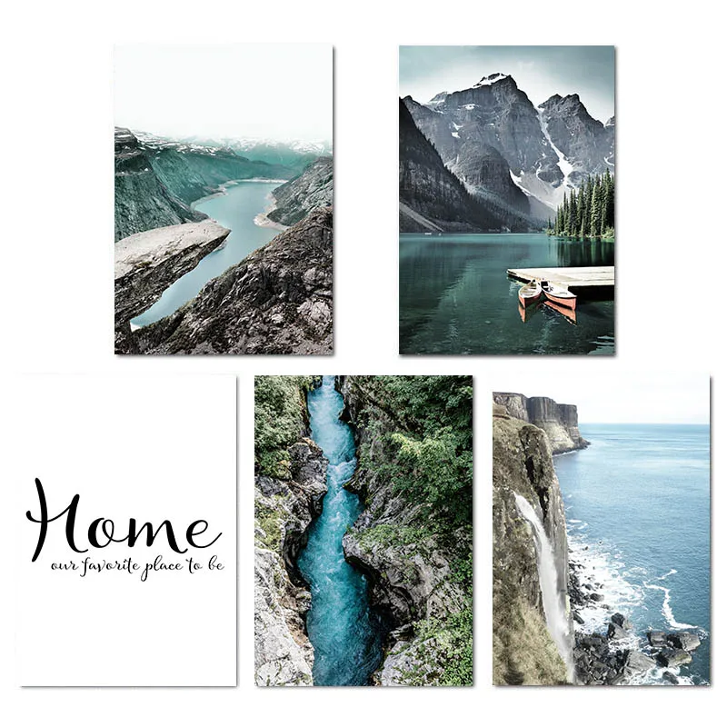Mountain Lake Waterfall Picture Scandinavian Poster Nordic Style Print Nature Scenery Wall Art Canvas Painting Modern Room Decor