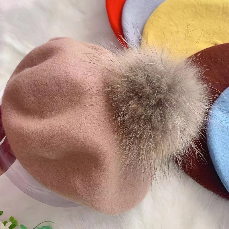Autumn Winter Kids Warm Wool Girls Berets With Natural Raccoon Fur Pompom Hat For Women