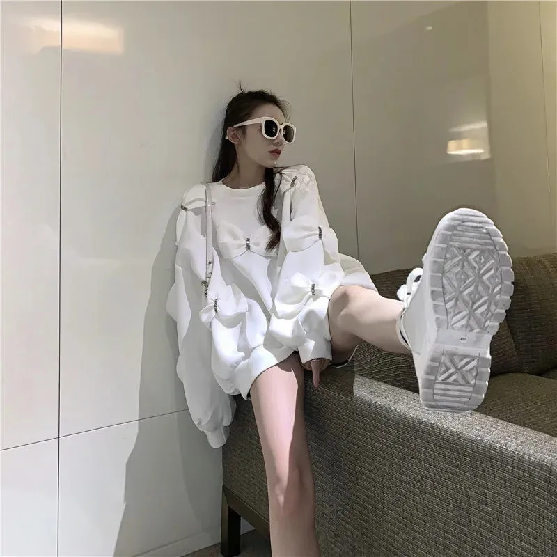 Three-dimensional Bow Knot Sweatshirt Kawaii Clothes Casual Solid Loose Long Sleeve Pullover Korean Fashion O-neck Oversized Top