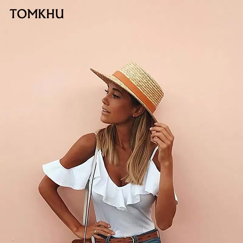 Summer Unisex Handmade Natural Wheat-Straw Women Sun Hat With Leather Strap Wide Brim Flat Top Hats Men Beach Solid Caps Sun