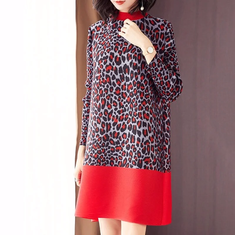 

Pleated Print Dress 2023 Spring And Autumn Fashion Women's New Leopard Print Contrast Color Loose Large Size Straight Dress
