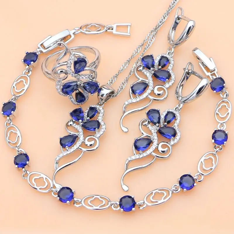 

Silver 925 Bridal Jewelry Set Blue Sapphire White Crystal Costume for Women Stones Leaves Twig Earrings Ring Necklace Set