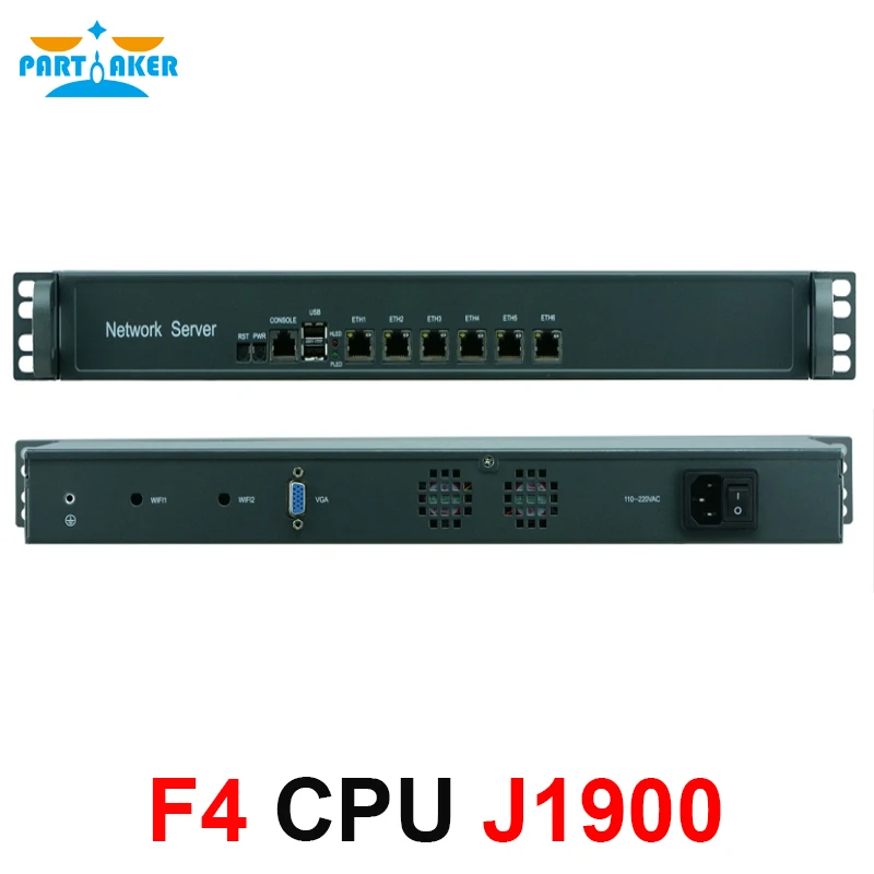 Partaker 6 ethernet LAN ports network security firewall linux fanless Intel Celeron J1900 1U rackmount server