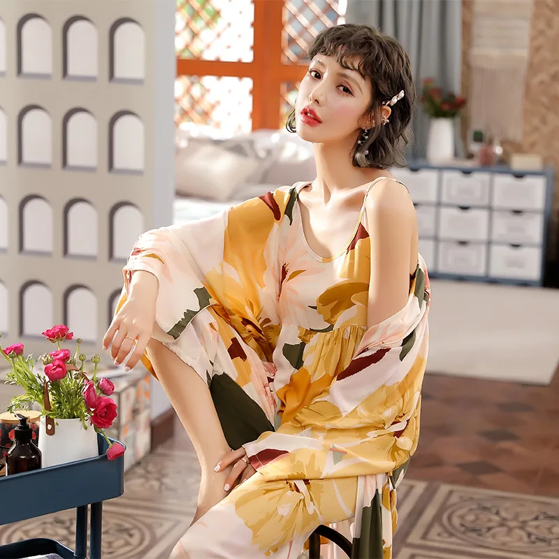 New 3 Pieces Soft Autumn Summer Women Pajamas Sets Floral Printed Sleepwear Robe Sling Top Pants Female Leisure Nightwear Suit