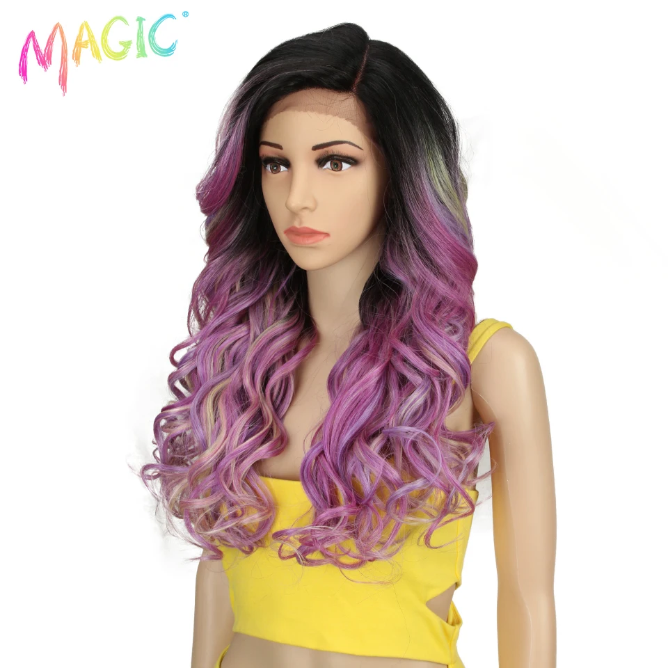 Magic Synthetic Lace Wig Curly Wig 22 Inch Wavy Blonde Grey Pink Purple Heat Resistant Wigs For Black Woman Cosplay Side Part