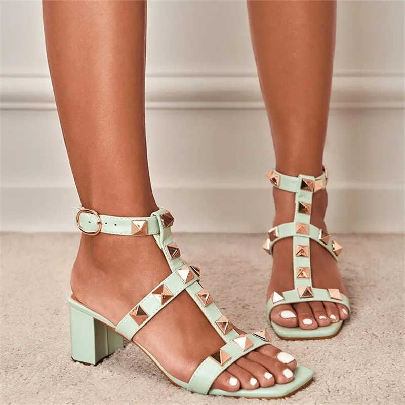 Nice Design Rivet Decoration Women Sandals Summer Fashion Open Toe Ankle Buckle Strap Shoes Ladies Square High Heels