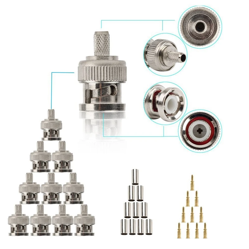 1Set Coax Rf/Bnc Crimp Tools for Rg58 / Rg59 / Rg6 with 10Pcs Bnc Plug Crimp Connector Set