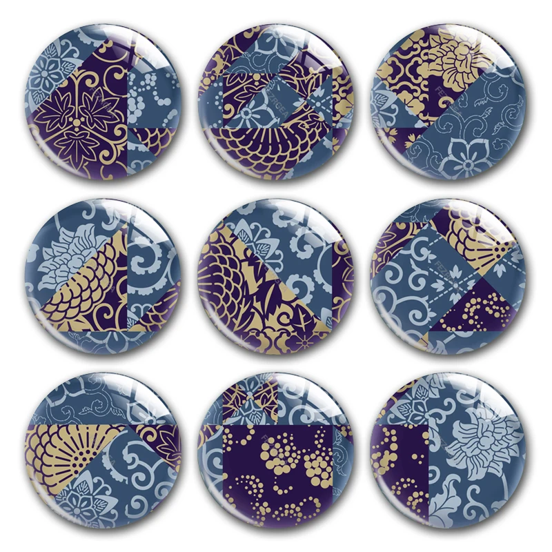 Handmade Geometry Floral Stitching Blue Pattern Round Photo Glass Cabochons Demo Flat Back Diy Jewlery Making Findings Accessory