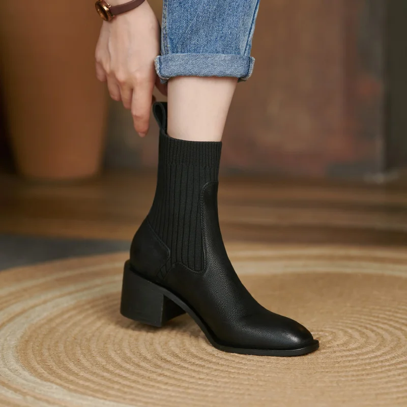 2021 New Retro Chelsea Short Boots Genuine Leather Square Heels Women Socks Ankle Boots Dancing Party Shoes Woman Platform Boots