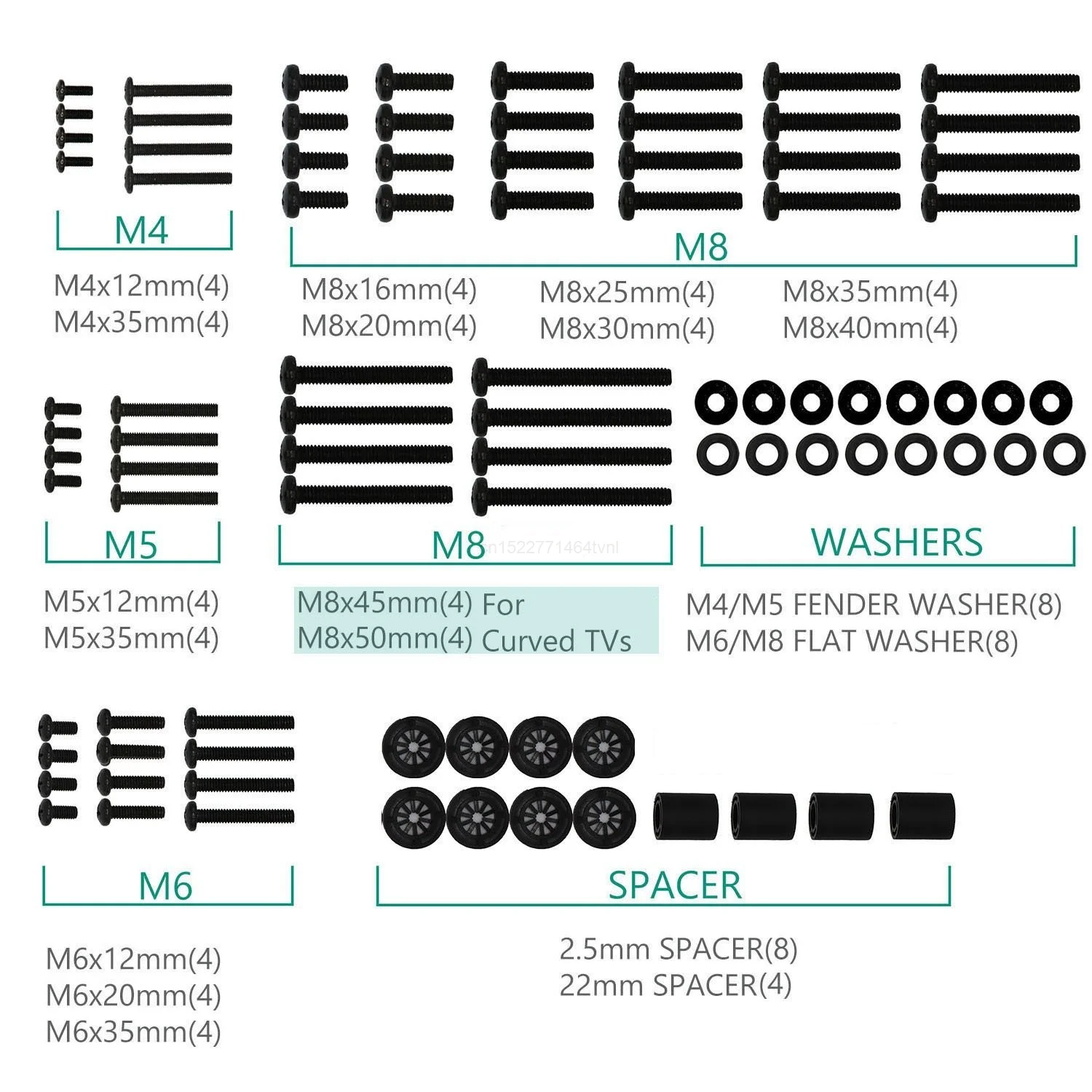 

WALI Universal TV Mounting Hardware Kit Set Includes M4 M5 M6 M8 TV Screws and Spacer Fit Most TVs up to 80 inch (UVSP), Black