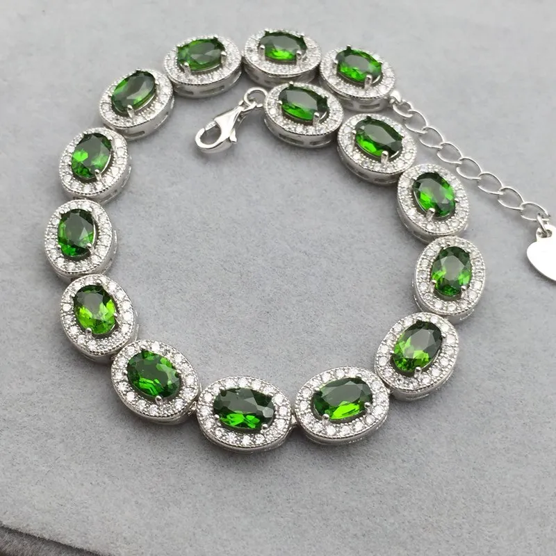 Diopside GREEN flat oval faceted s925 chain bracelet