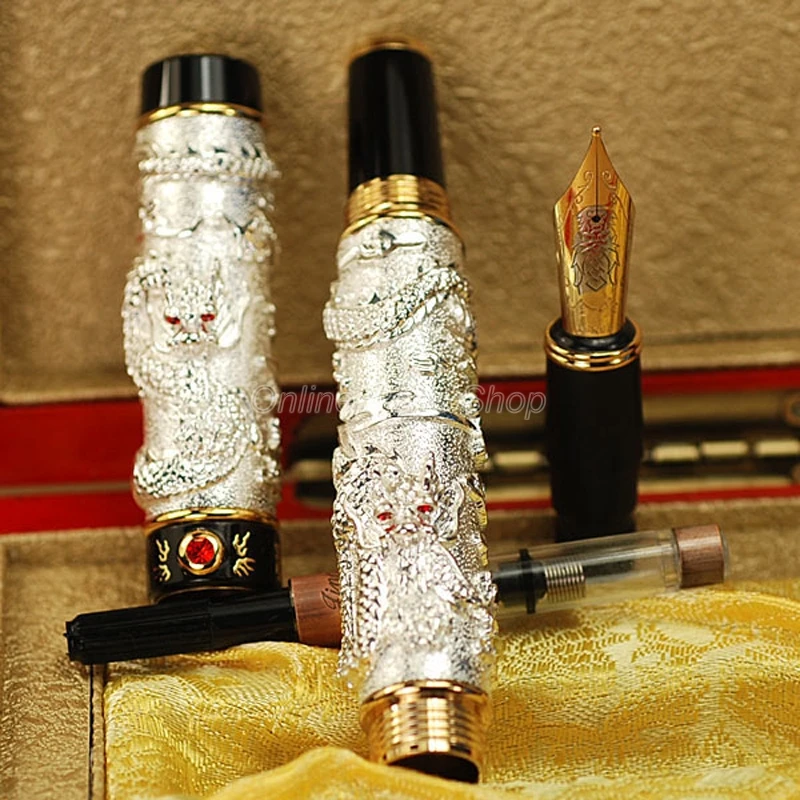 Jinhao Elegant Double Dragon Playing Pearl, Metal Carving Embossing Heavy Pen Silver For Office School Home With Gift Box