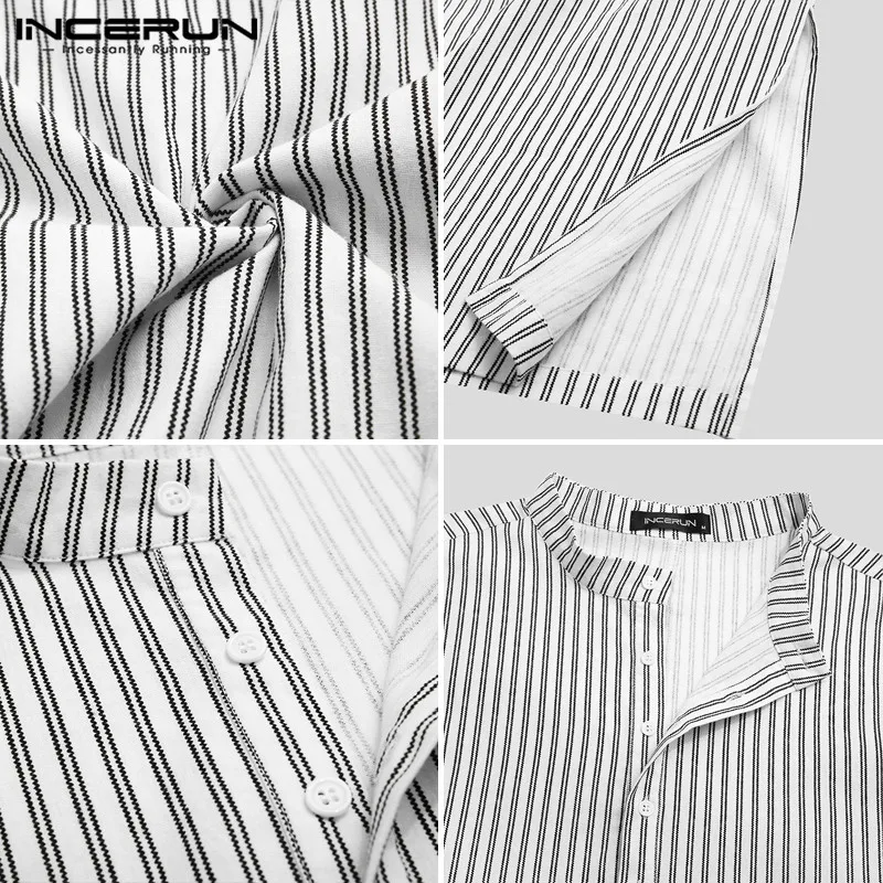 INCERUN Men Striped Jubba Thobe Men Islamic Arab Casual Short Sleeve Cotton Pockets Muslim Kaftan Robes Dubai Clothing S-5XL