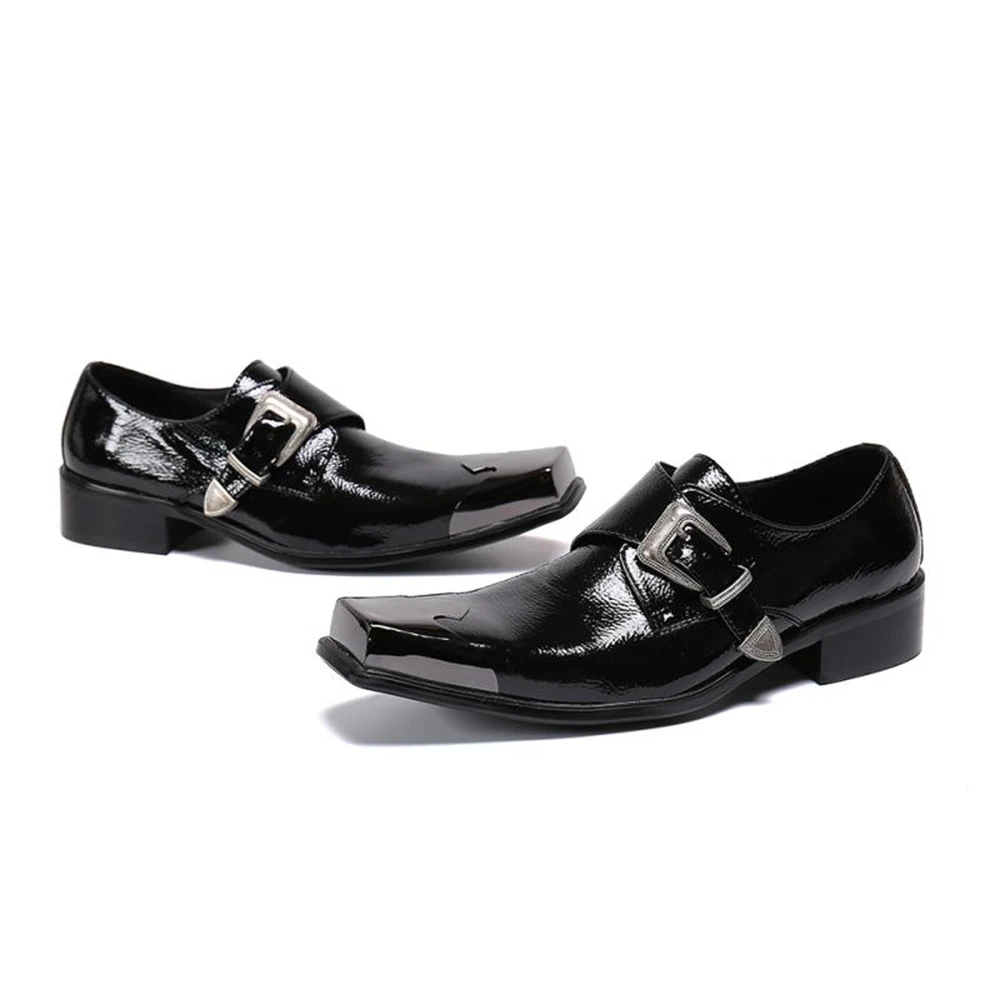 

Italian Luxury Leather Shoes Men Square Toe Black High Heels Buckle Career Work Formal Shoes