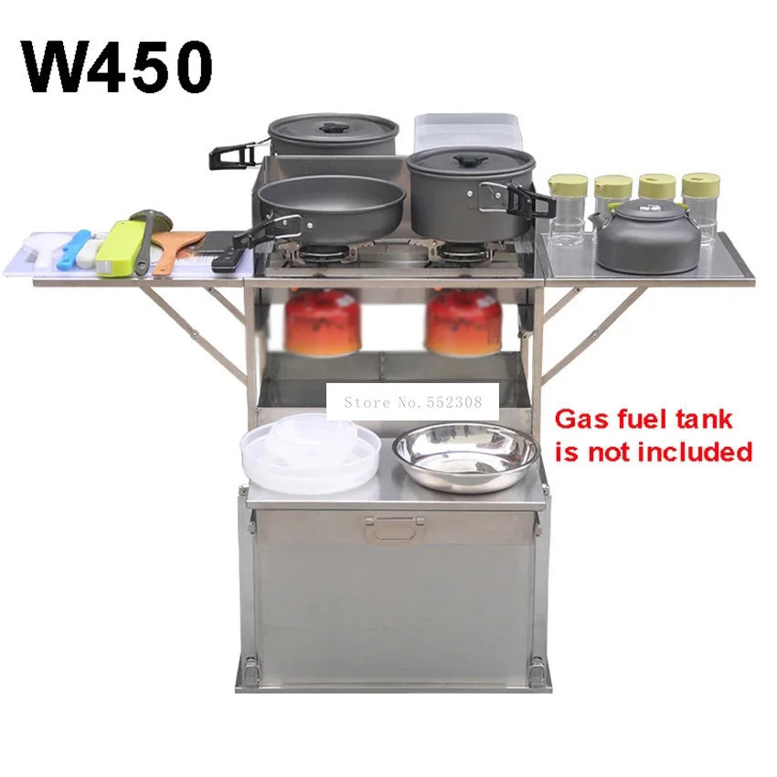 

2-3 Person Outdoor Mobile Kitchen 304 Stainless Steel Foldable Cooking Desk Hiking Camping Gas Cooker Stove + Windshield W450