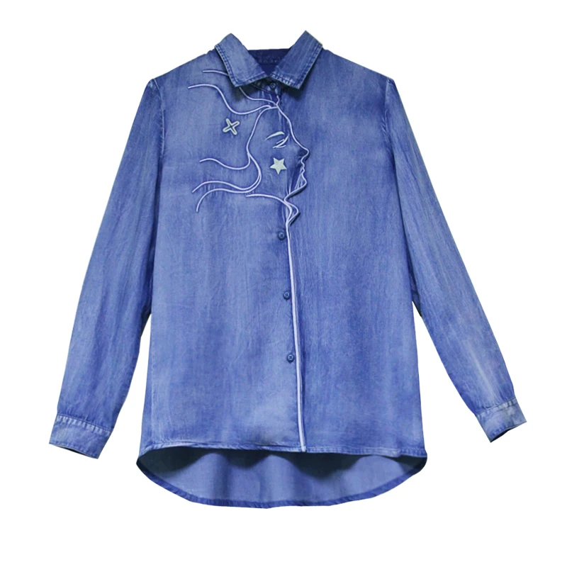 Blouse Vrouwen 2020 Yuzi. kan Boho Nieuwe Denim Shirt Turn-Down Kraag Vintage Borduurwerk Lange Mouwen Blouses B9296 Blusas Femininas