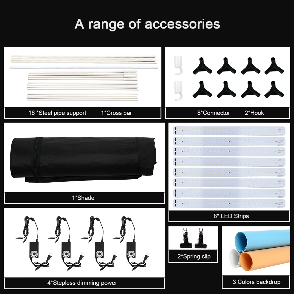 대형 사진 스튜디오 백라이트 사진 상자, 5500K 밝기 조절 가능 8 * LED 라이트 박스, 사진 초상화 옷용 종이 배경, 2*1*1.2M