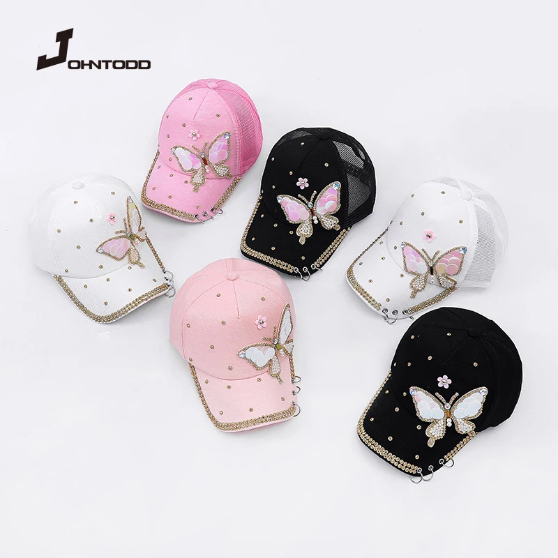 

2021 Autumn Women's Baseball Cap Women Full Crystal Colorful Big Butterfly Hat Cotton Shiny Metal Snapback Caps Hip Hop hats