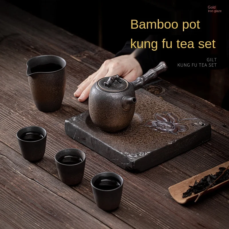 

Japanese Gilding Iron Glaze Household Complete Set Porcelain Kung Fu Tea Set Bamboo Joint Side Handle Pot Dry Pour Small Set