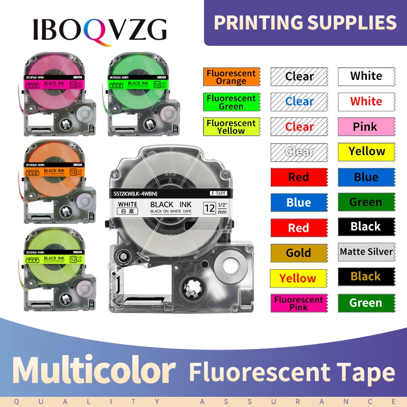 IBOQVZG 12mm Fluorescent Tape SK12P SK12D SK12Y SK12G for Epson King Jim SS12KW Compatible for Epson LabelWorks LW-300 400 Label