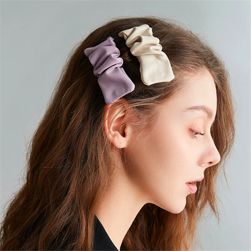 HUANQI 2021 Vintage Pleated Pu Leather Colorful Side Bangs Clip Barrette Rectangle Hairpin for Women Girls Hair Accessories