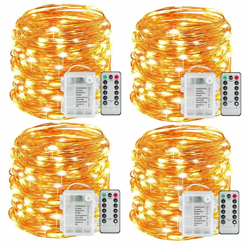 Guirnalda de luces LED de 1M, 3M, 7M, 8 modos, impermeables, alambre de cobre, guirnaldas de luces LED con batería, control remoto, boda, Navidad, Gard