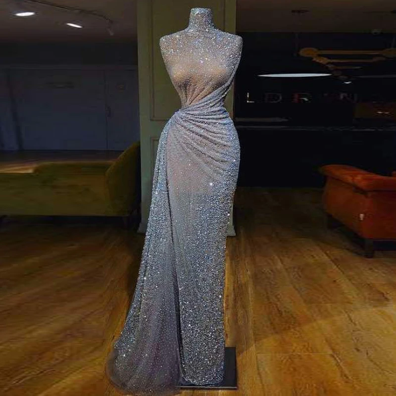 Stand Out Sparkling Zilver Pailletten Prom Dresses 2020 Hoge Hals Mouwloos Gedrapeerde Lange Vrouwen Formele Jurk Avondjurken Vestidos