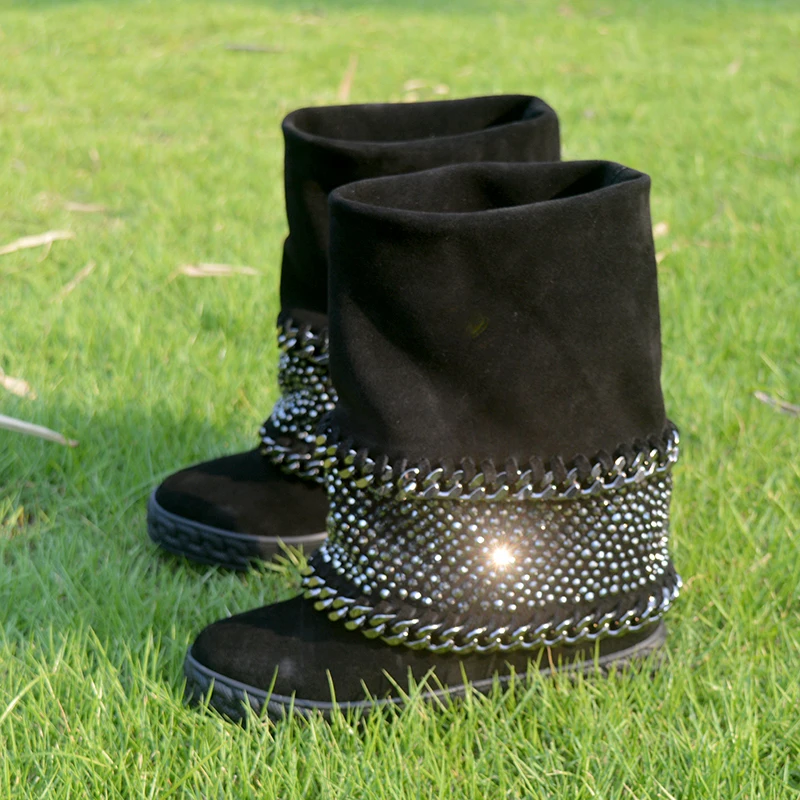 

Bling Crystal Embellished Chains Boots Women Height Increasing Mid Calf Boots Ladies Black Suede Round Toe Slip On Boots Shoes